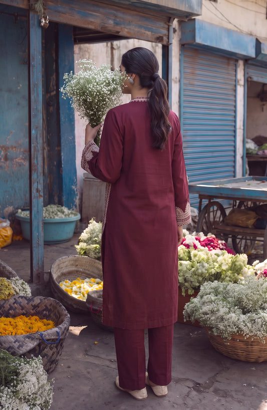 Gul e Jana by Amna Khadija Embroidered Cotton Stitched 2 Piece Co-ord Set - AKGJ-01 - AM26GLJ - Maroon - Summer Collection