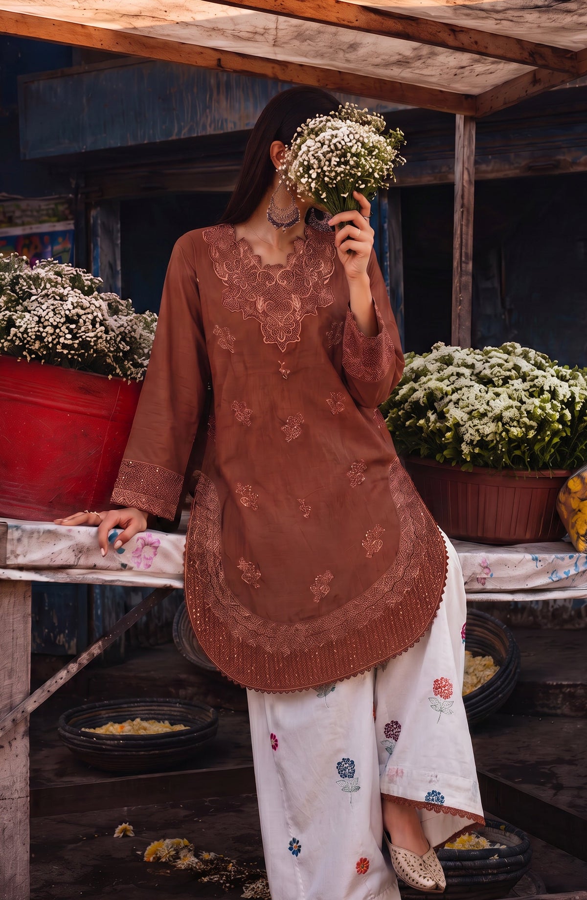Gul e Jana by Amna Khadija Embroidered Cotton Stitched 2 Piece Co-ord Set - AKGJ-04 - AM26GLJ - Rust - Summer Collection