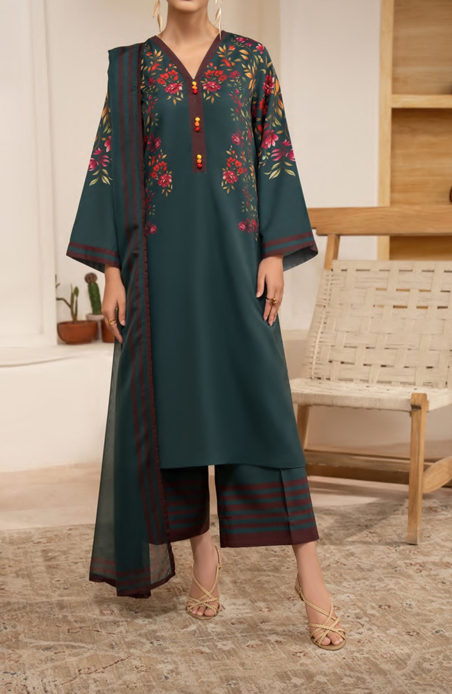 Gul e Jana by Casual Lite Premium Printed Silk Viscose Stitched 3 Piece Suit - Verdant Bloom - CL25GLJ - Green - Casual Collection
