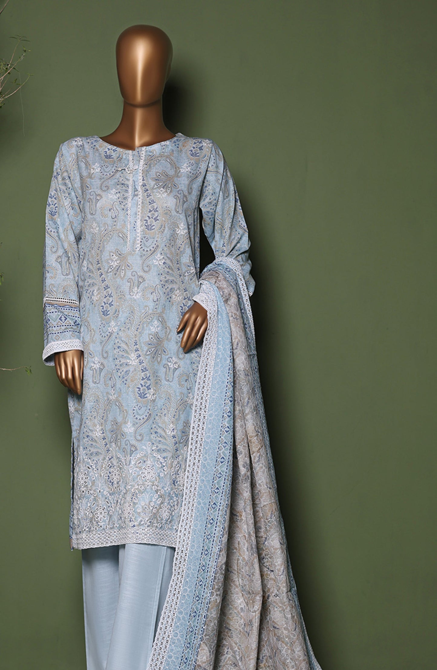 HZ Printkari Embroidered Khaddar Stitched 3 Piece Suit - KPS-3P-2545 Paisley Blue - HZ25KHP - Blue - Winter Collection