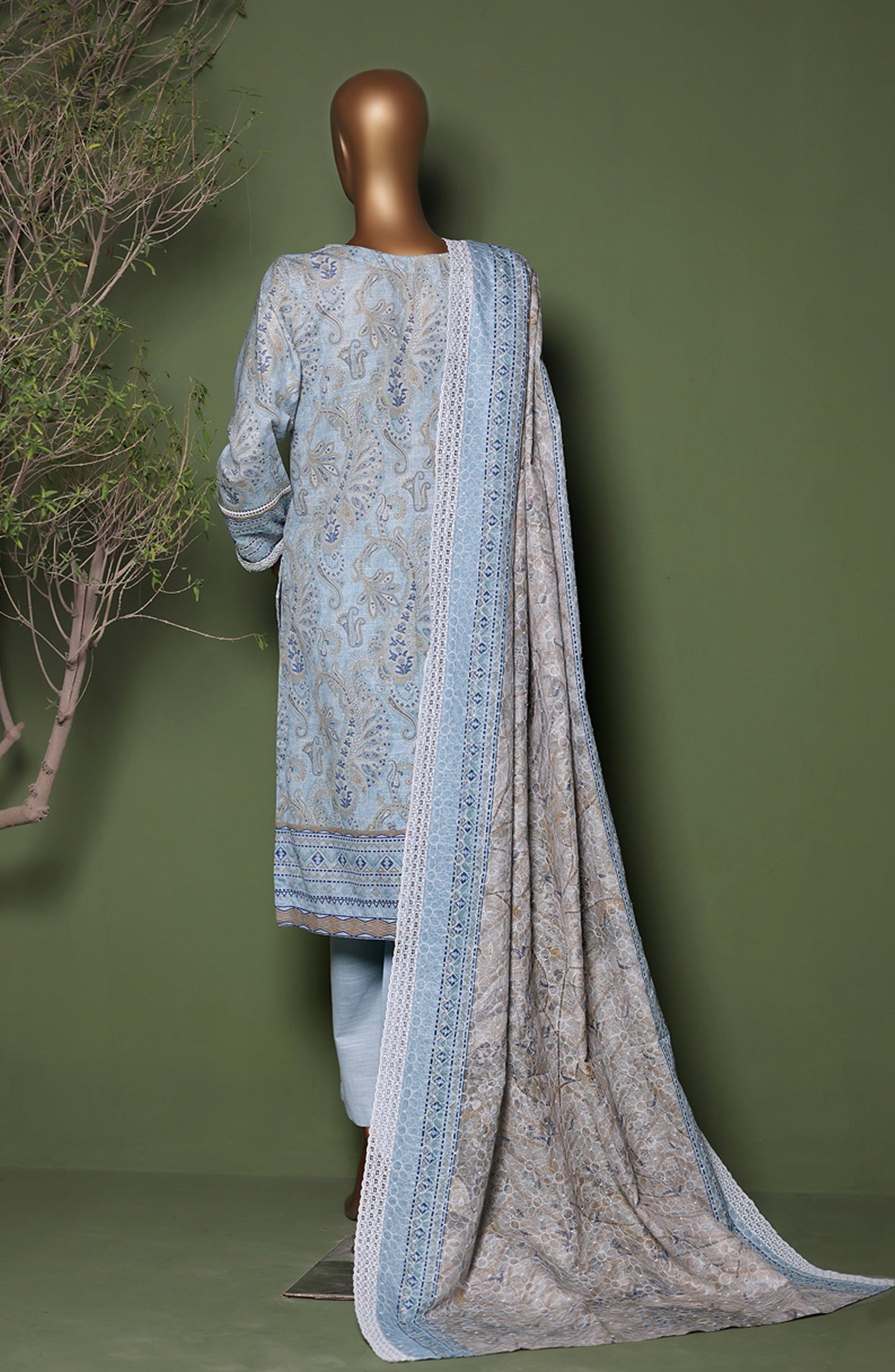 HZ Printkari Embroidered Khaddar Stitched 3 Piece Suit - KPS-3P-2545 Paisley Blue - HZ25KHP - Blue - Winter Collection