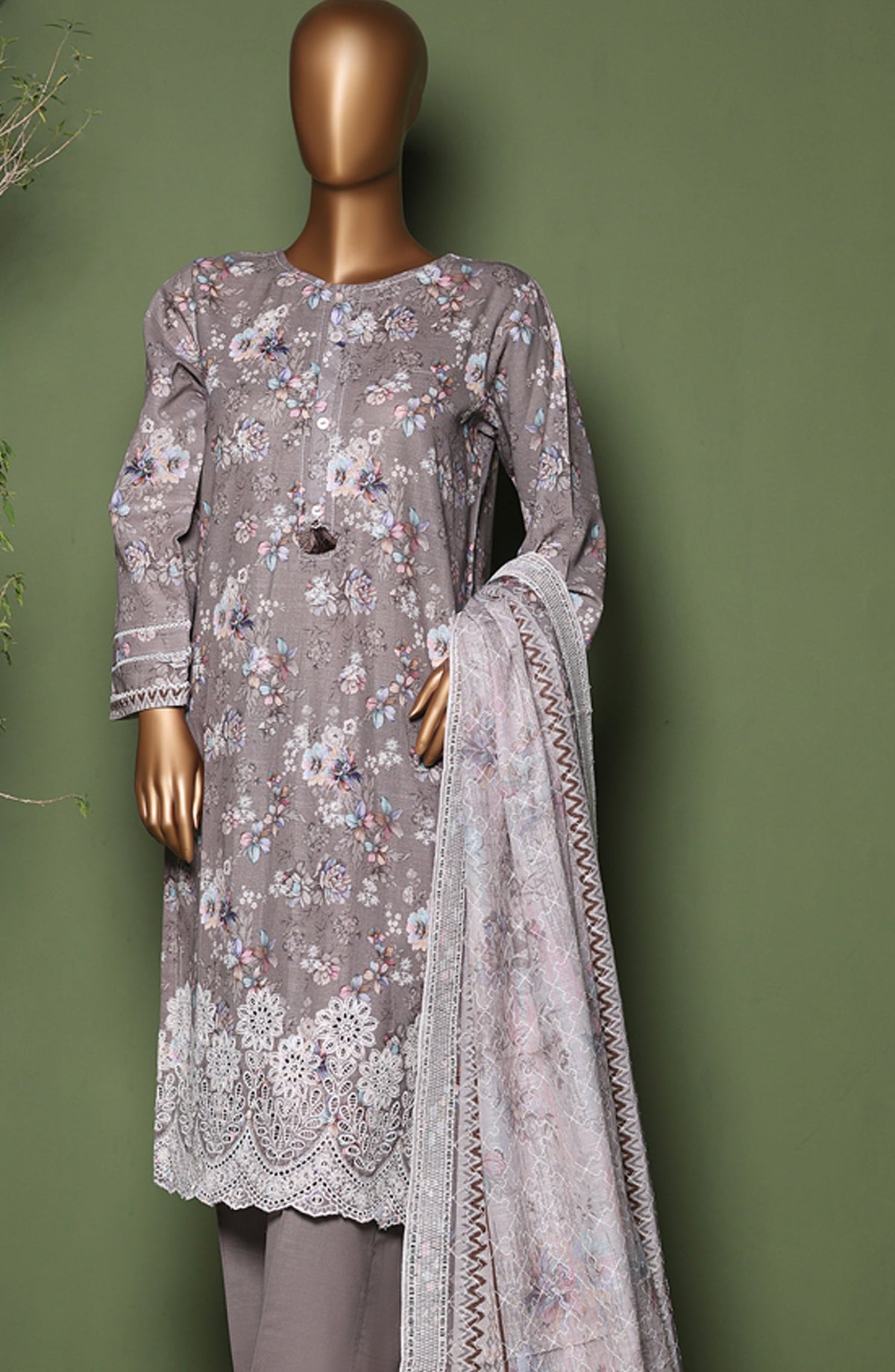 HZ Printkari Embroidered Khaddar Stitched 3 Piece Suit - KPS-3P-2546 Dusty Ash - HZ25KHP - Grey - Winter Collection