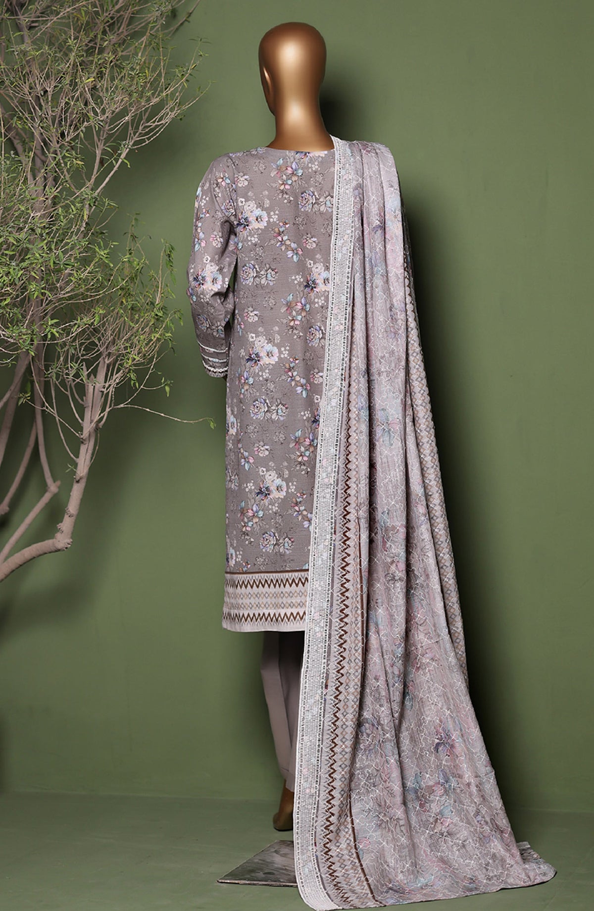 HZ Printkari Embroidered Khaddar Stitched 3 Piece Suit - KPS-3P-2546 Dusty Ash - HZ25KHP - Grey - Winter Collection