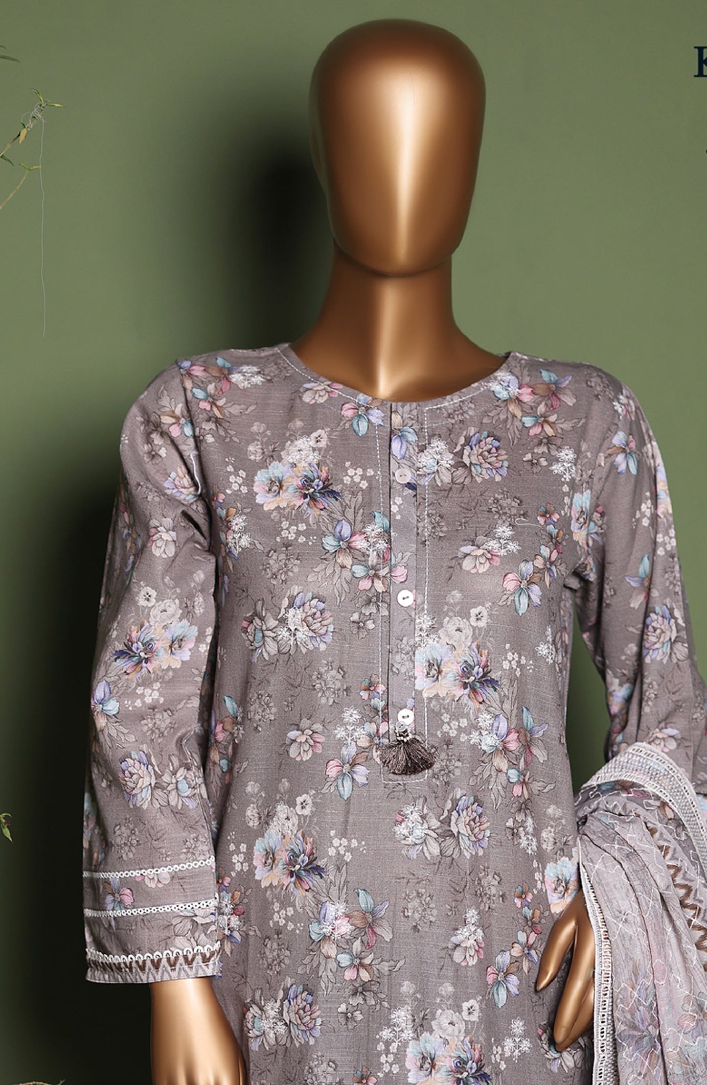 HZ Printkari Embroidered Khaddar Stitched 3 Piece Suit - KPS-3P-2546 Dusty Ash - HZ25KHP - Grey - Winter Collection