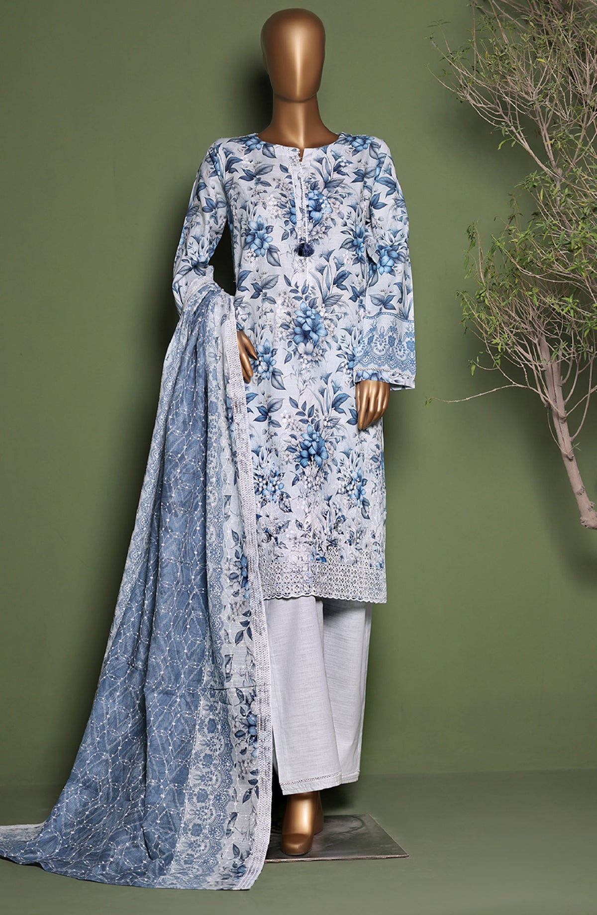 HZ Printkari Embroidered Khaddar Stitched 3 Piece Suit - KPS-3P-2548 Faded Sky - HZ25KHP - Light Blue - Winter Collection