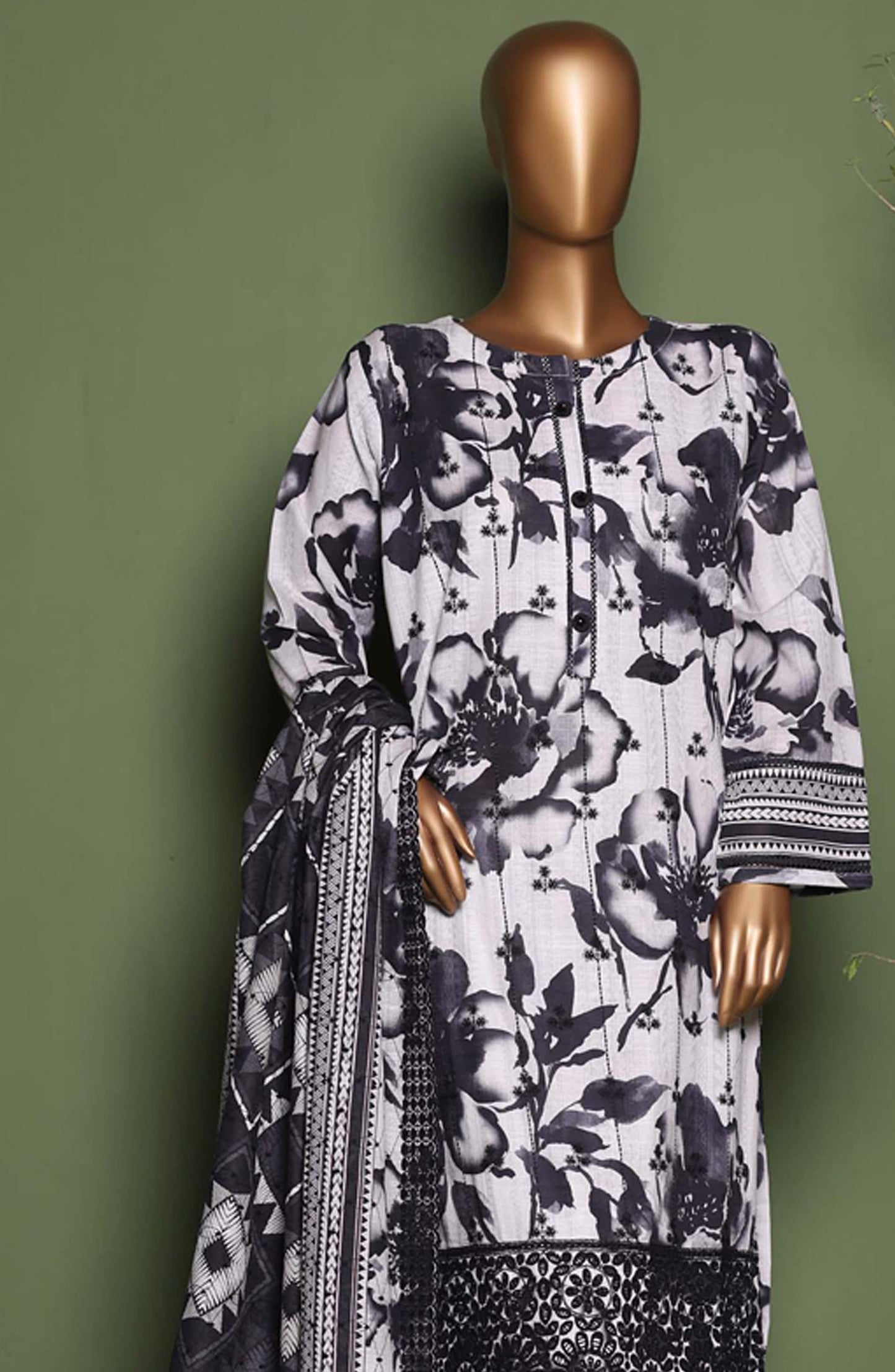 HZ Printkari Embroidered Khaddar Stitched 3 Piece Suit - KPS-3P-2544 Slate Grey - HZ25KHP - Grey - Winter Collection