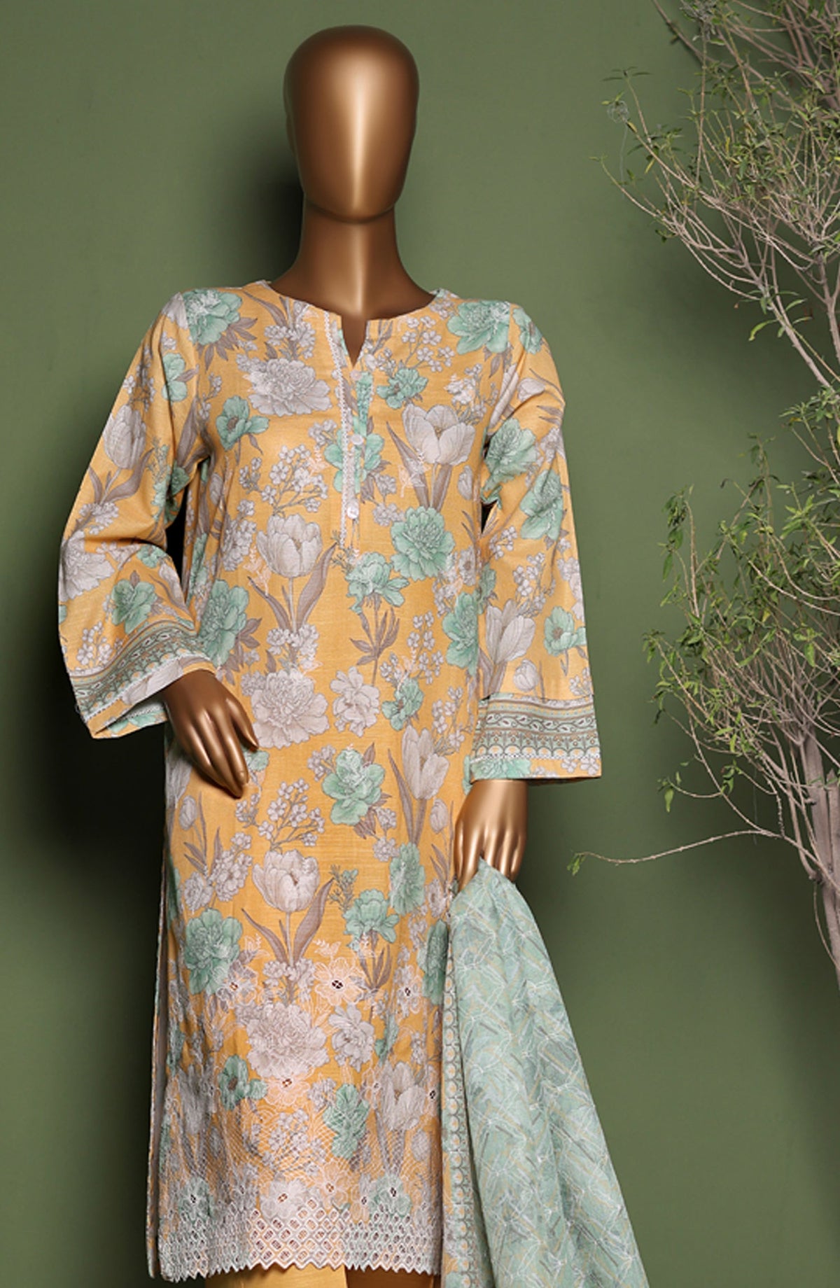 HZ Printkari Embroidered Khaddar Stitched 3 Piece Suit - KPS-3P-2547 Yellow Green - HZ25KHP - Yellow - Winter Collection