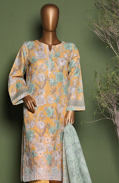 HZ Printkari Embroidered Khaddar Stitched 3 Piece Suit - KPS-3P-2547 Yellow Green - HZ25KHP - Yellow - Winter Collection