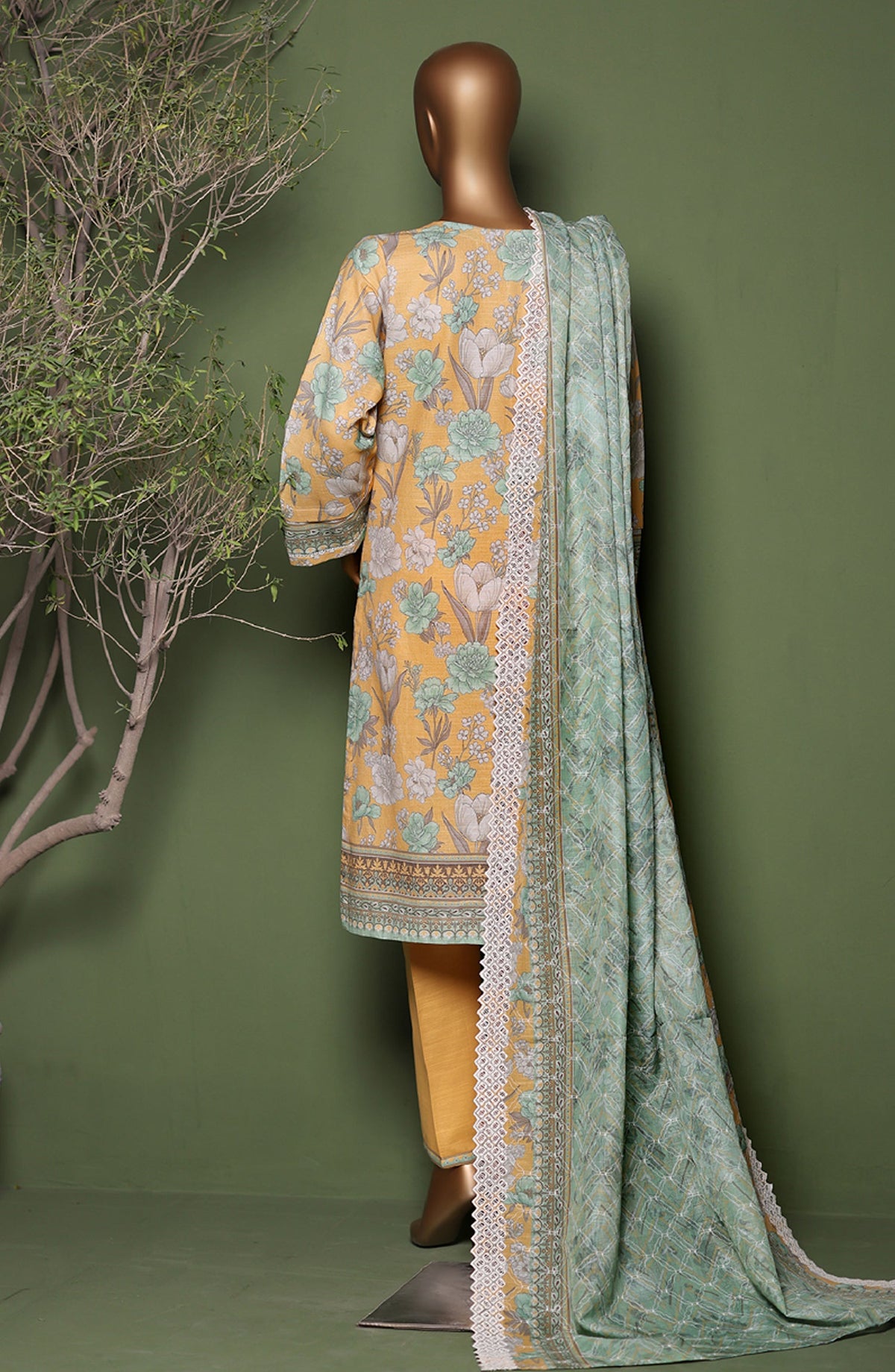 HZ Printkari Embroidered Khaddar Stitched 3 Piece Suit - KPS-3P-2547 Yellow Green - HZ25KHP - Yellow - Winter Collection