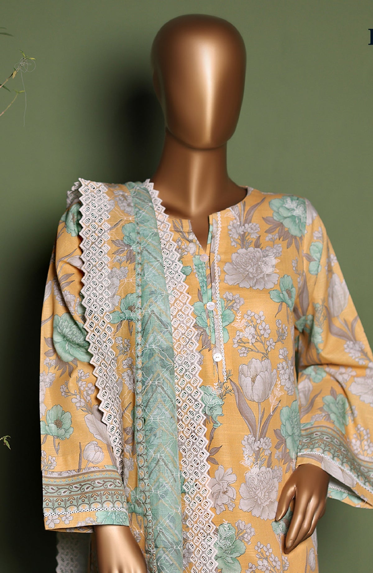 HZ Printkari Embroidered Khaddar Stitched 3 Piece Suit - KPS-3P-2547 Yellow Green - HZ25KHP - Yellow - Winter Collection