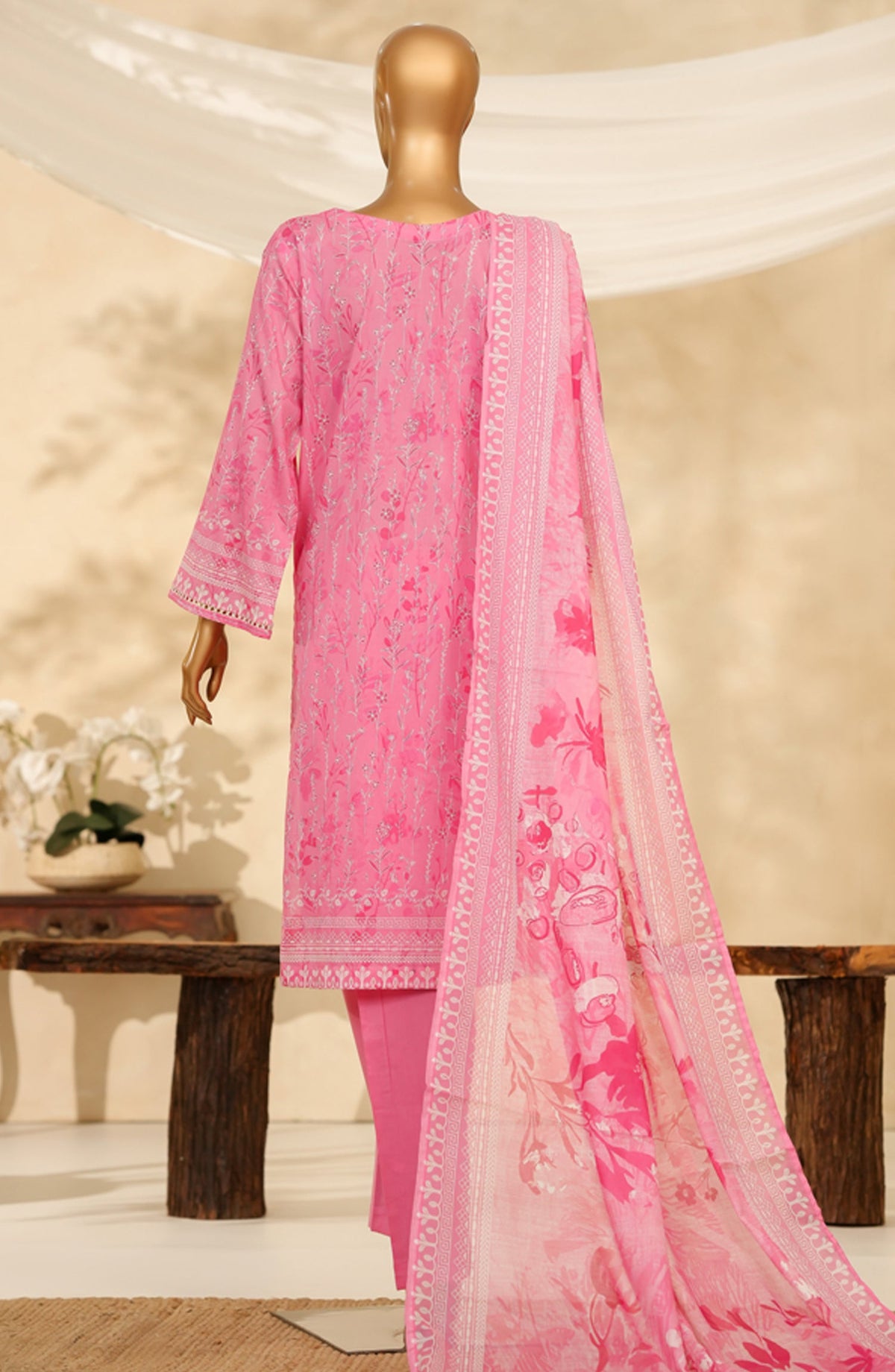 HZ Printkari Embroidered Chikankari Cambric Stitched 3 Piece Suit - LPK-3P-523 - HZ25KRI - Pink - Casual Collection