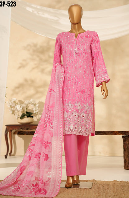 HZ Printkari Embroidered Chikankari Cambric Stitched 3 Piece Suit - LPK-3P-523 - HZ25KRI - Pink - Casual Collection