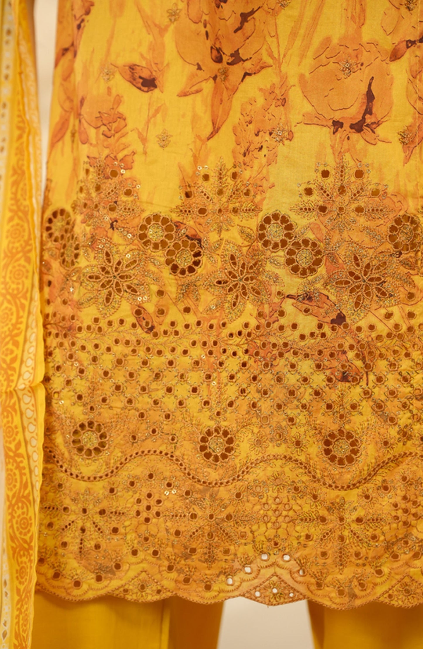 HZ Printkari Embroidered Chikankari Cambric Stitched 3 Piece Suit - LPK-3P-521 - HZ25KRI - Mustard - Casual Collection