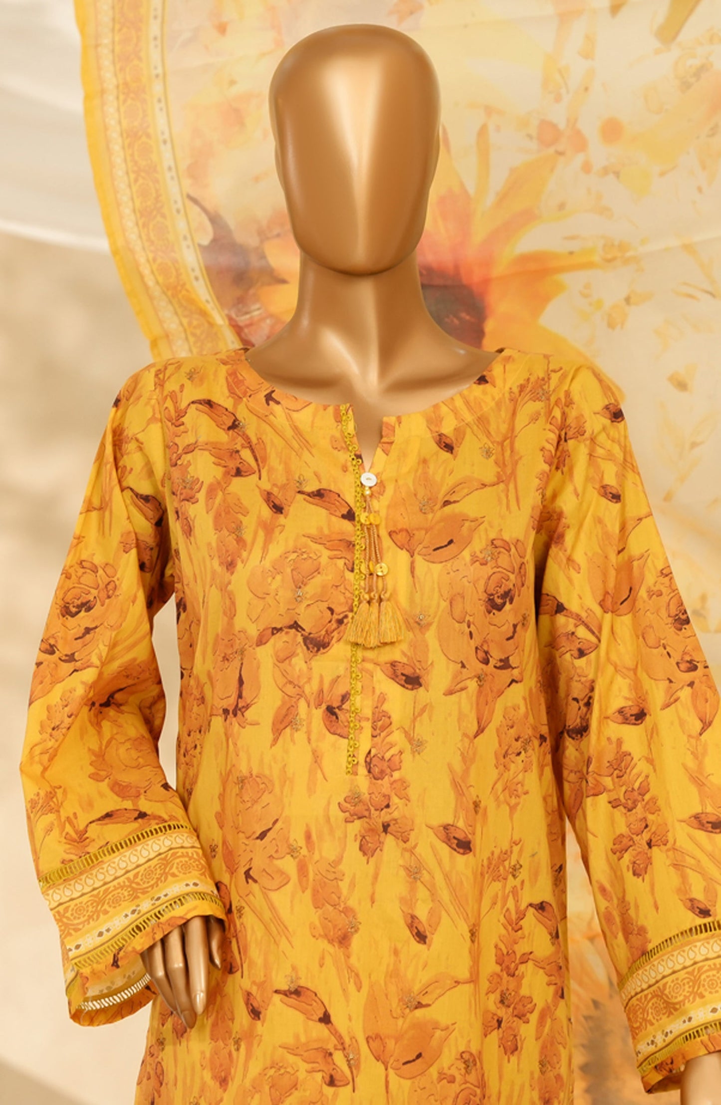HZ Printkari Embroidered Chikankari Cambric Stitched 3 Piece Suit - LPK-3P-521 - HZ25KRI - Mustard - Casual Collection