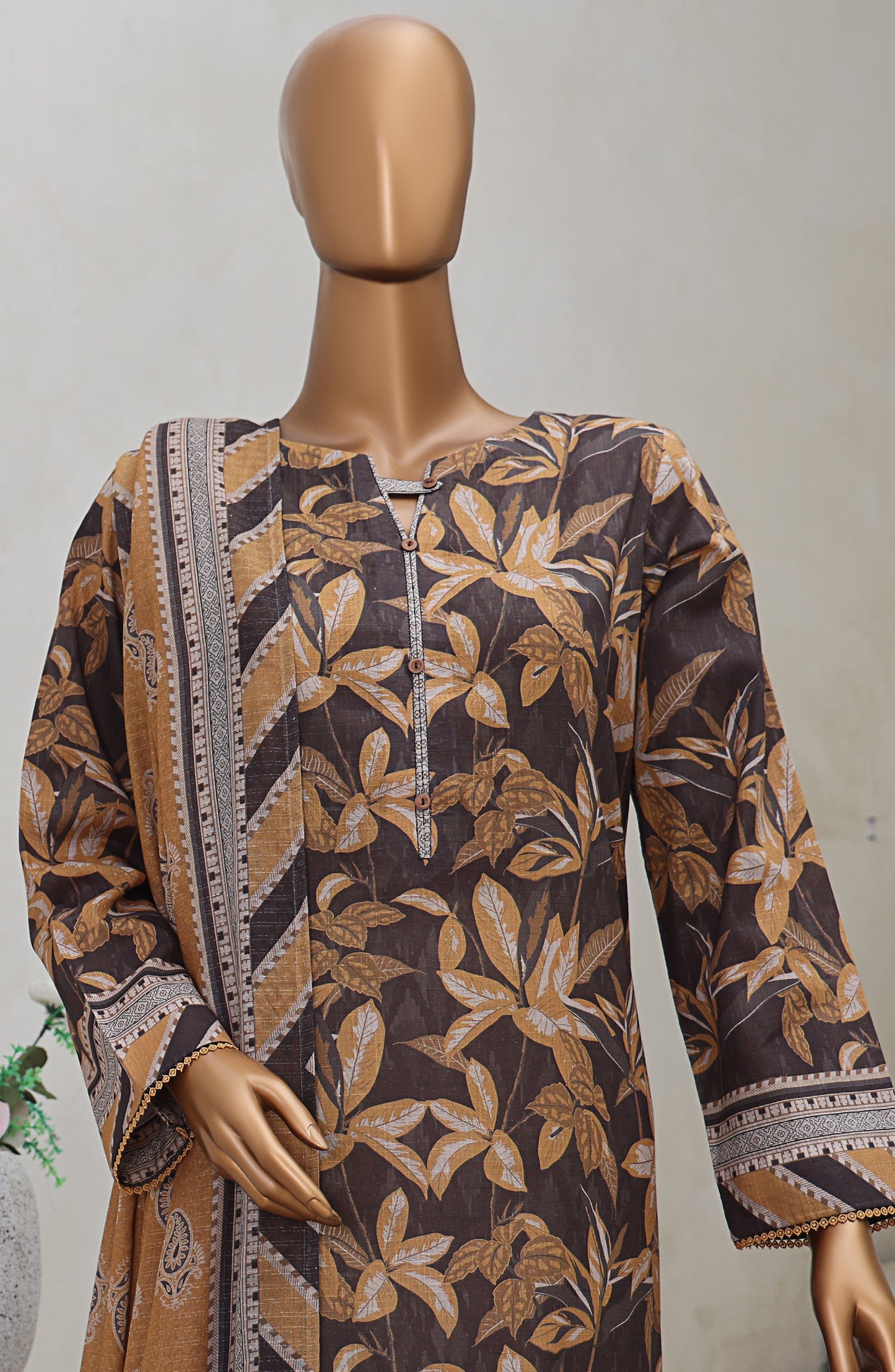 HZ Textile Digital Printed Cross Slub Unstitched 3 Piece Suit - PWC-108 - HZ25CRS - Brown - Pre Winter Collection