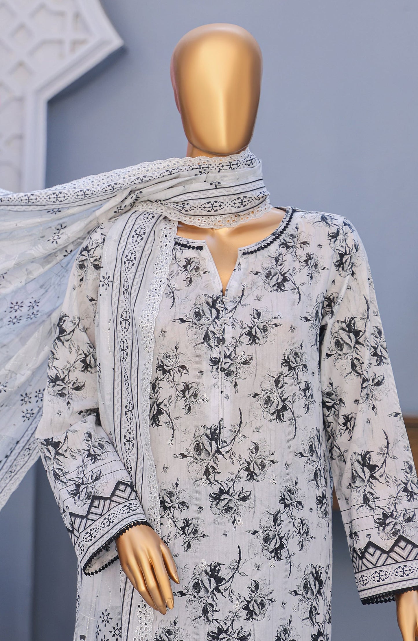 HZ Textile Premium Embroidered Lawn Unstitched 3 Piece Suit - Design-07 - HZ26PMN - White - Summer Collection