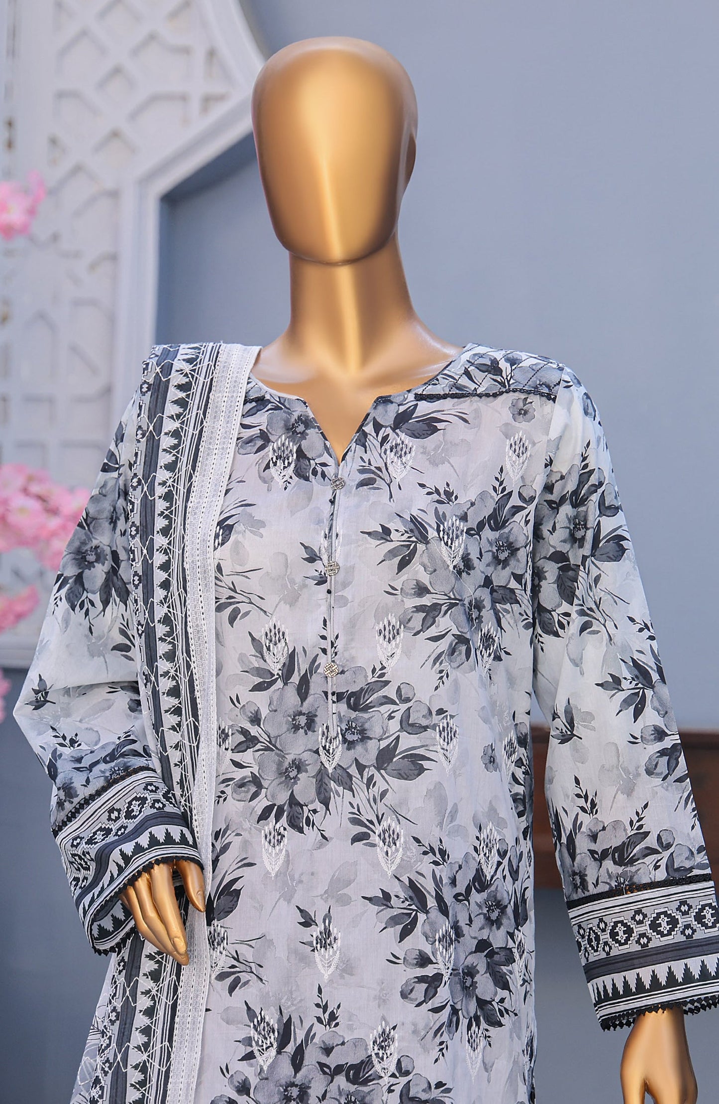 HZ Textile Premium Embroidered Lawn Unstitched 3 Piece Suit - Design-03 - HZ26PMN - White - Summer Collection