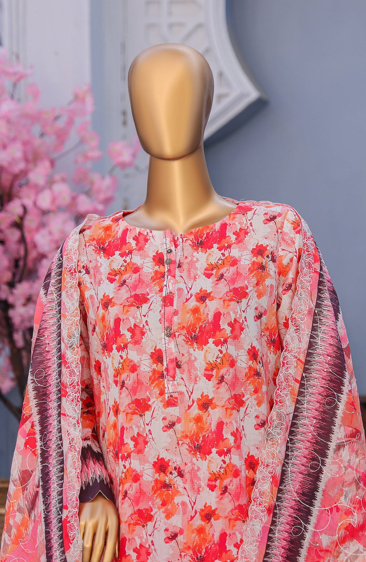 HZ Textile Premium Embroidered Lawn Unstitched 3 Piece Suit - Design-01 - HZ26PMN - Pink - Summer Collection