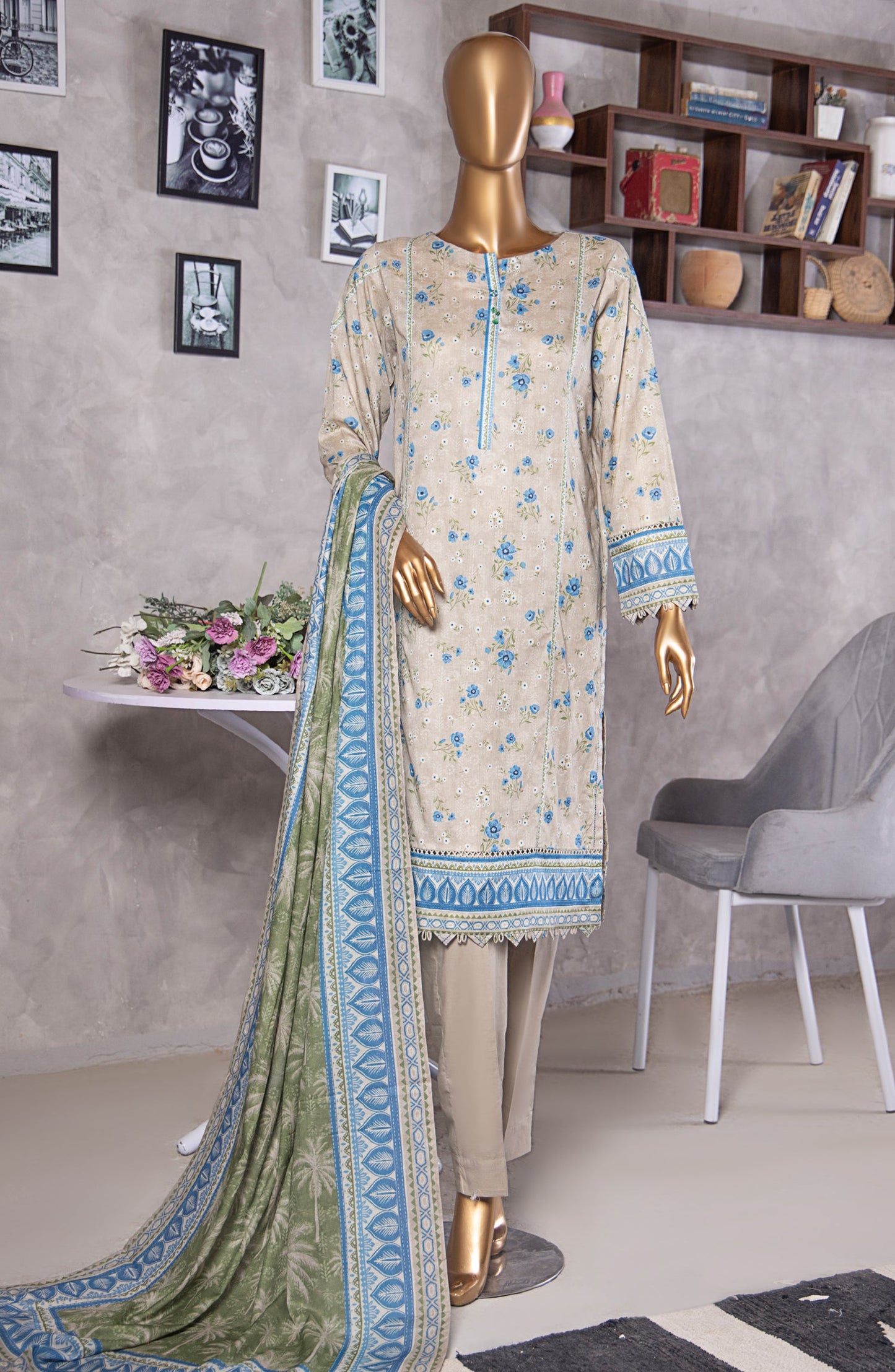 HZ Textile Platinum Digital Printed Lawn Unstitched 3 Piece Suit - PPC-406 - HZ25PLTDP - Beige - Summer Collection