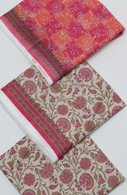 HZ Printed Cambric Unstitched 3 Piece Suit - D-24 - HZ26CMO - Pink - Summer Collection