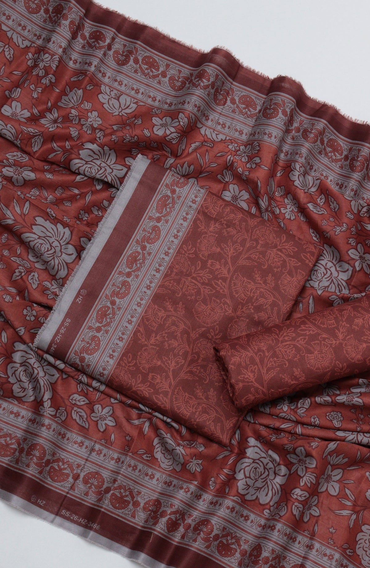 HZ Printed Cambric Unstitched 3 Piece Suit - D-02 - HZ26CMO - Brown - Summer Collection