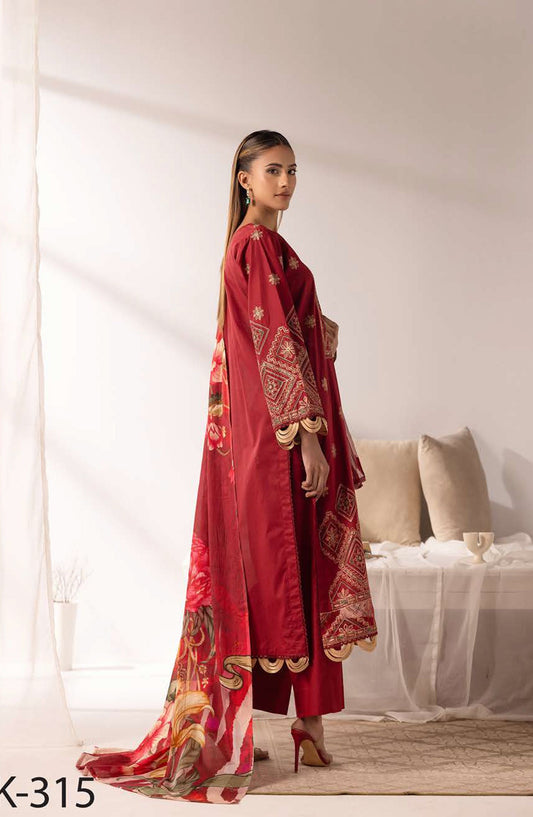 Ibtida by Embroidered Lawn Unstitched 3 Piece Suit - IK-315 - AK26TDA - Red - Summer Collection
