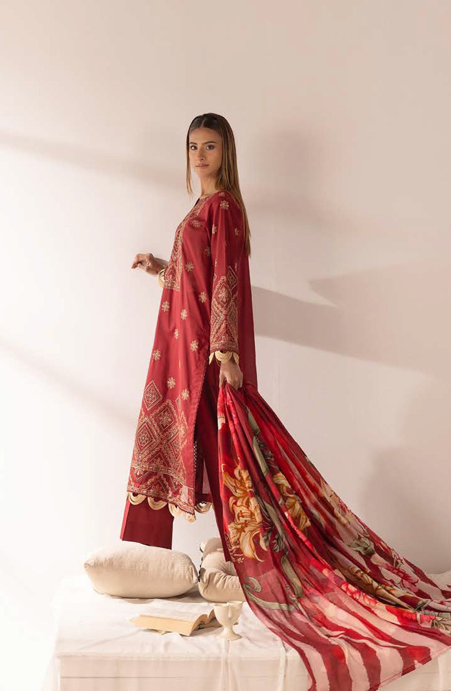 Ibtida by Al Karim Embroidered Lawn Unstitched 3 Piece Suit - IK-315 - AK26TDA - Red - Summer Collection