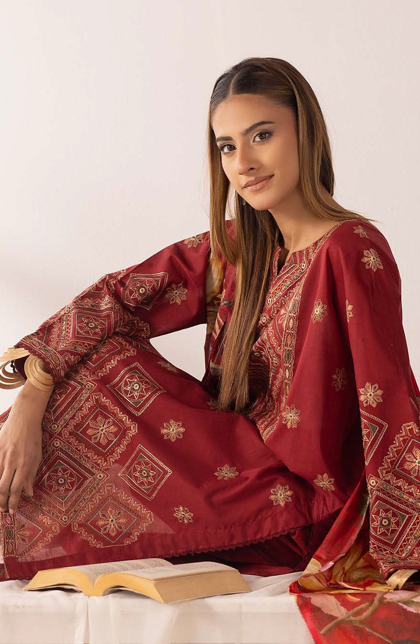 Ibtida by Embroidered Lawn Unstitched 3 Piece Suit - IK-315 - AK26TDA - Red - Summer Collection