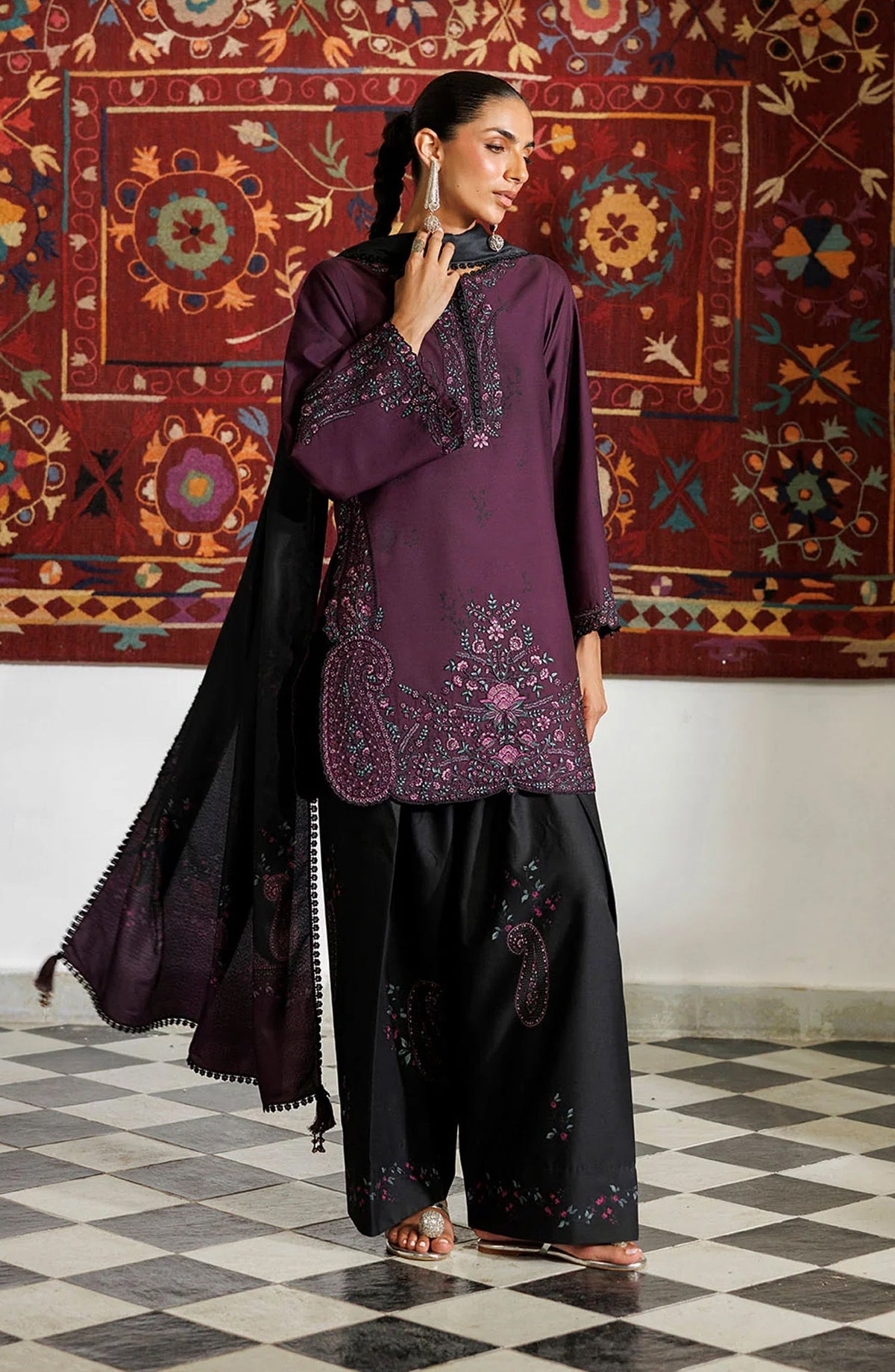 Iznik Pre Fall Embroidered Viscose Linen Unstitched 3 Piece Suit - IPF-22 - IZN26PF - Plum - Winter Collection
