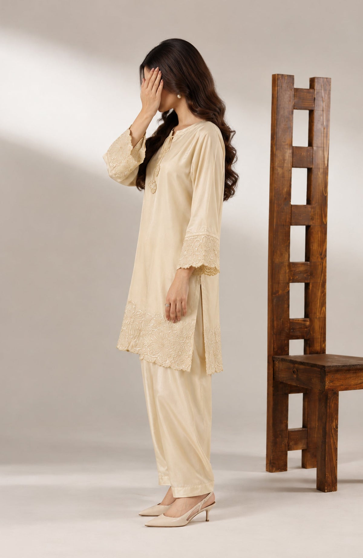 Jannah Noe by Amna Khadija Embroidered Silk Stitched 2 Piece Co-ord Set - JNLS-19 - AM26HON - Fawn - Summer Collection