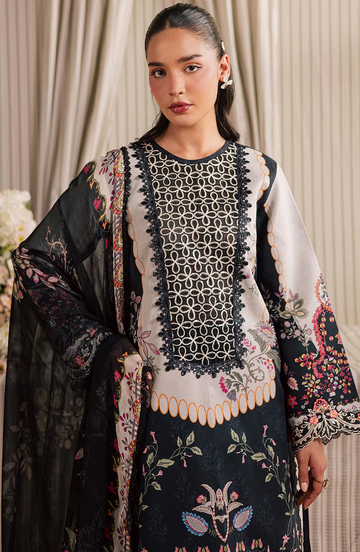 Jahaan by Mahnur Embroidered Lawn Unstitched 3 Piece Suit - MJ-01 - MH26JHN - Black - Summer Collection