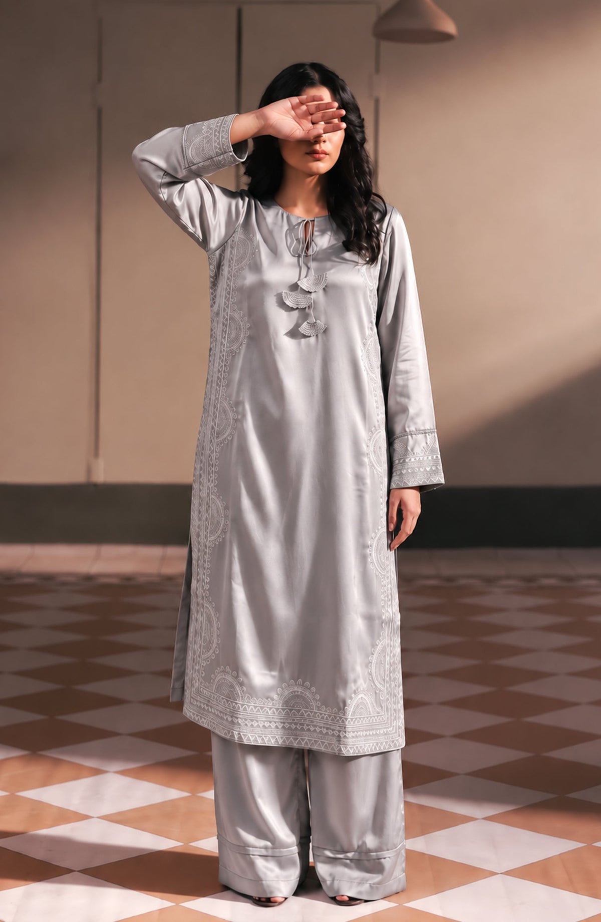 Jannah Noe by Amna Khadija Embroidered Silk Stitched 2 Piece Co-ord Set - JNLS-28 - AM26OEN - Grey - Summer Collection