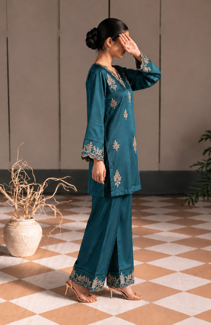 Jannah Noe by Amna Khadija Embroidered Silk Stitched 2 Piece Co-ord Set - JNLS-29 - AM26OEN - Teal - Summer Collection