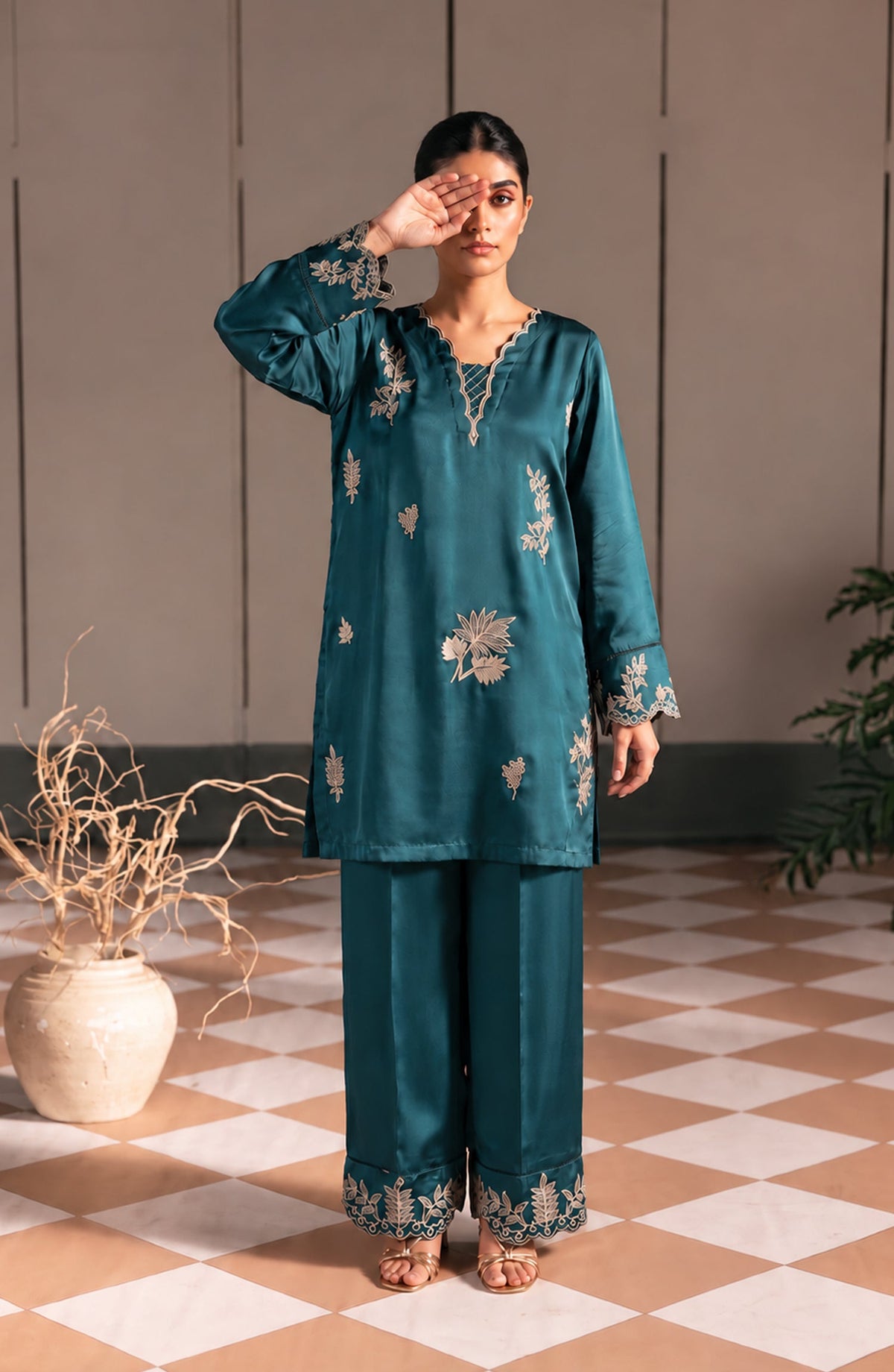 Jannah Noe by Amna Khadija Embroidered Silk Stitched 2 Piece Co-ord Set - JNLS-29 - AM26OEN - Teal - Summer Collection
