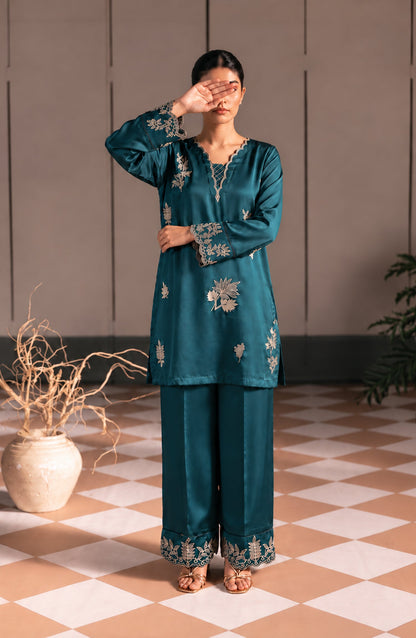 Jannah Noe by Amna Khadija Embroidered Silk Stitched 2 Piece Co-ord Set - JNLS-29 - AM26OEN - Teal - Summer Collection