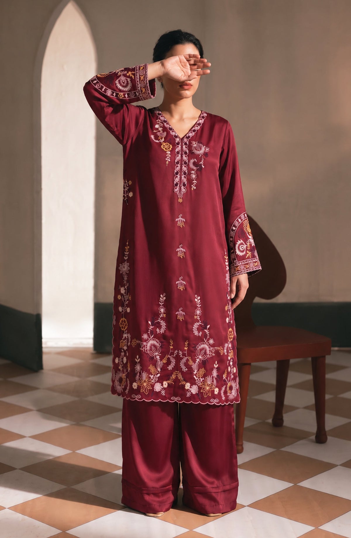 Jannah Noe by Amna Khadija Embroidered Silk Stitched 2 Piece Co-ord Set - JNLS-31 - AM26OEN - Red - Summer Collection