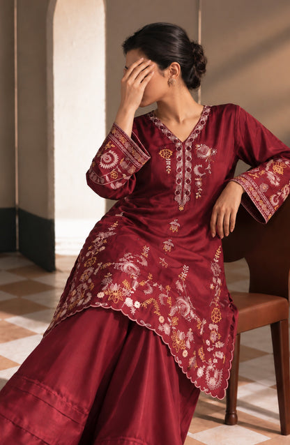 Jannah Noe by Amna Khadija Embroidered Silk Stitched 2 Piece Co-ord Set - JNLS-31 - AM26OEN - Red - Summer Collection