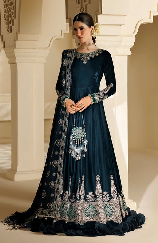 Jazmin Chandni Embroidered Velvet Unstitched 3 Piece Suit - D09 - JZ26CD - Blue - Winter Collection
