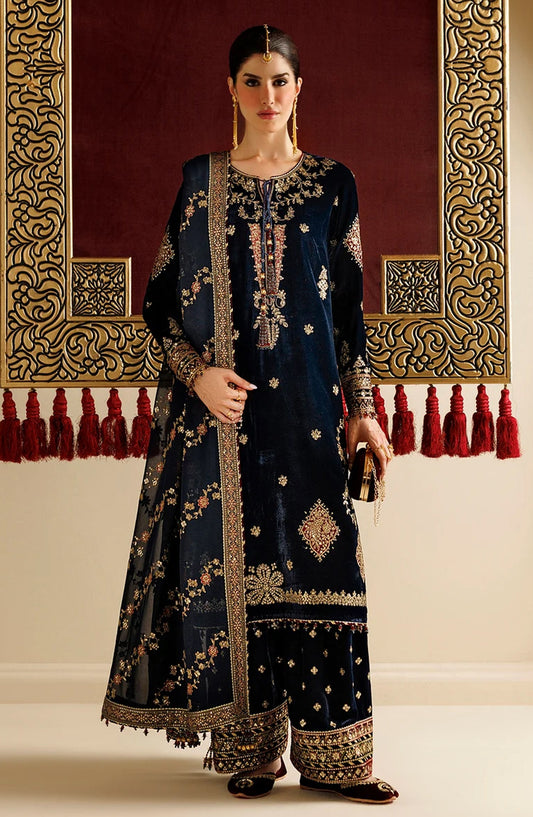 Jazmin Chandni Embroidered Velvet Unstitched 3 Piece Suit - D11 - JZ26CD - Blue - Winter Collection