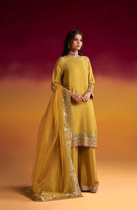 Jhilmil by Embroidered Silk Stitched 3 Piece Suit - ARSH VX-200 - AK26JHL - Mustard - Festive Collection