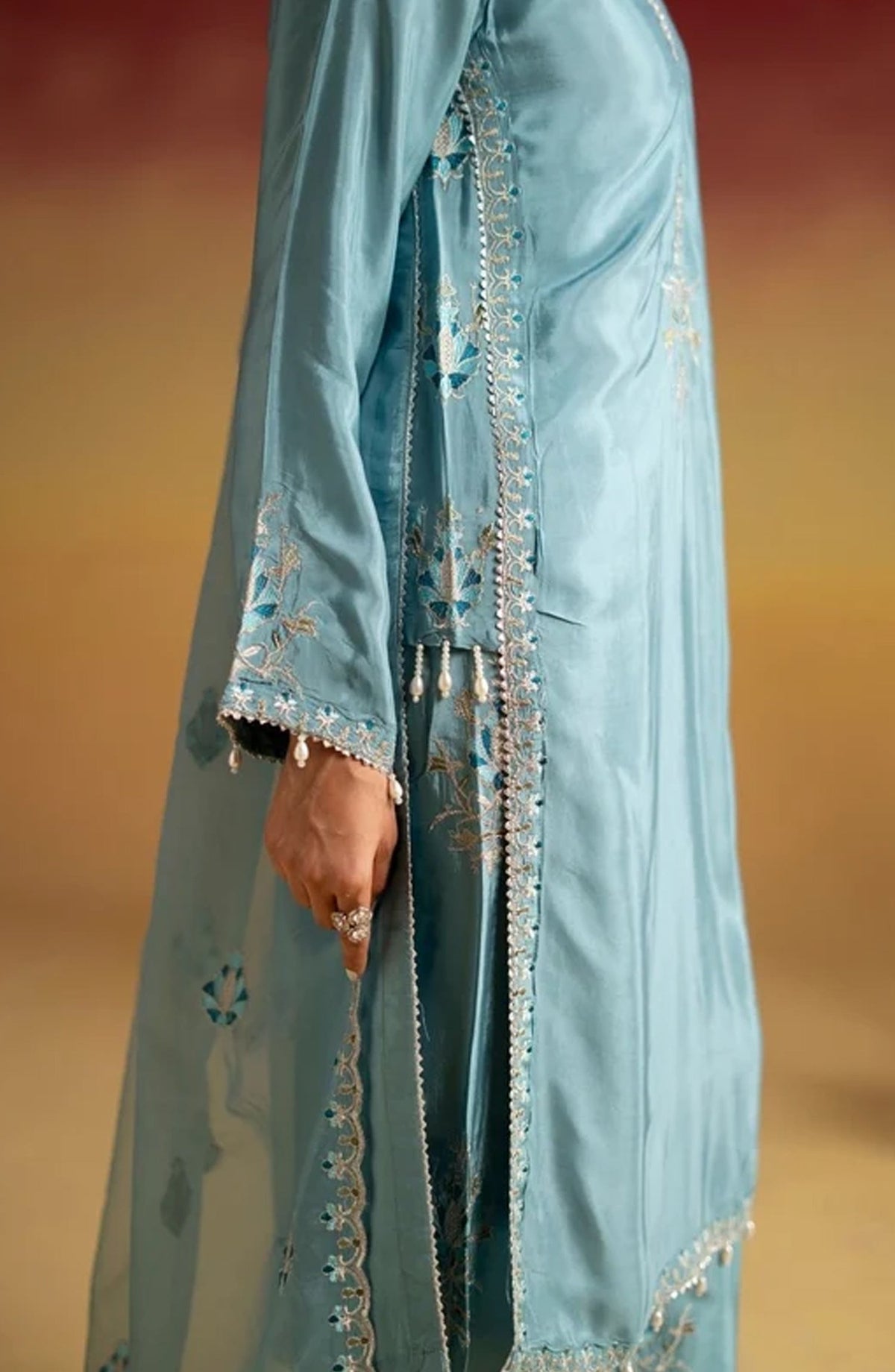 Jhilmil by Embroidered Silk Stitched 3 Piece Suit - TUNIC VX-198 - AK26JHL - Blue - Festive Collection