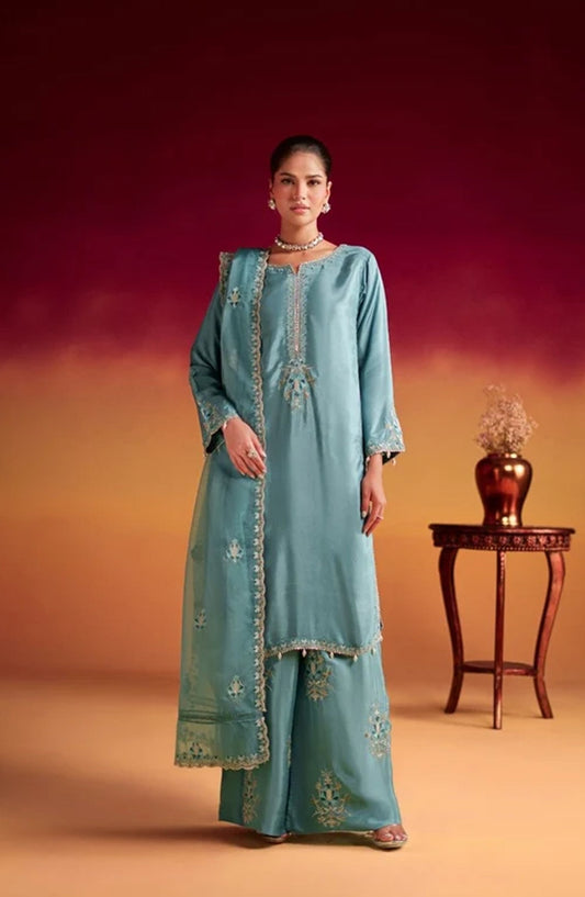 Jhilmil by Embroidered Silk Stitched 3 Piece Suit - TUNIC VX-198 - AK26JHL - Blue - Festive Collection