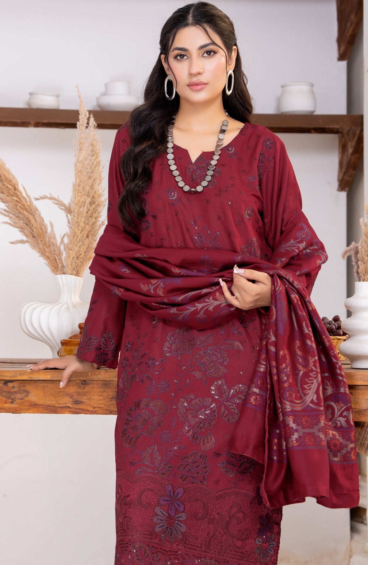 Kehkeshan by Riaz Arts Embroidered Peach Unstitched 3 Piece Suit - D-04 - RA26KKN - Maroon - Winter Collection