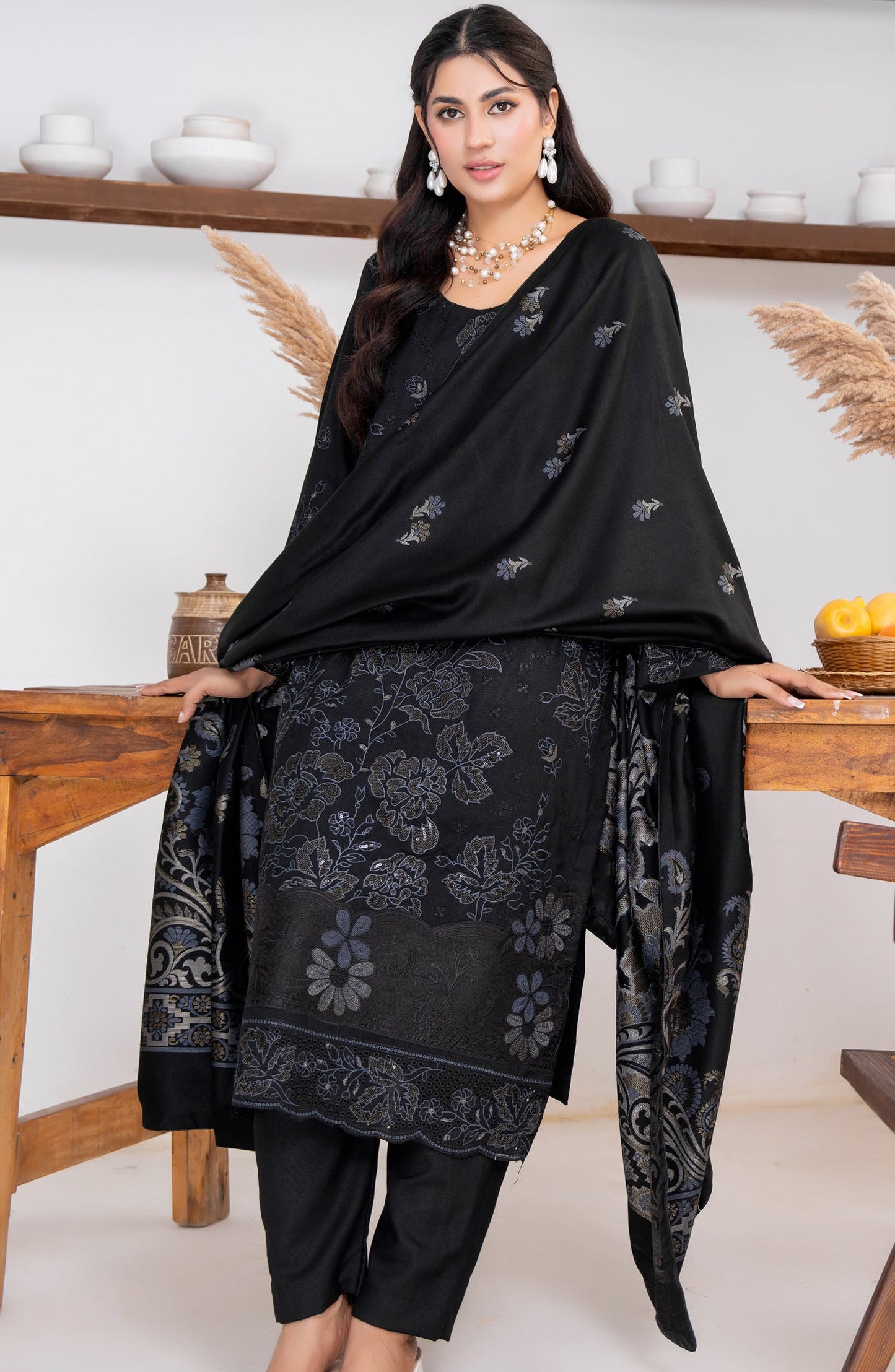 Kehkeshan by Riaz Arts Embroidered Peach Unstitched 3 Piece Suit - D-03 - RA26KKN - Black - Winter Collection