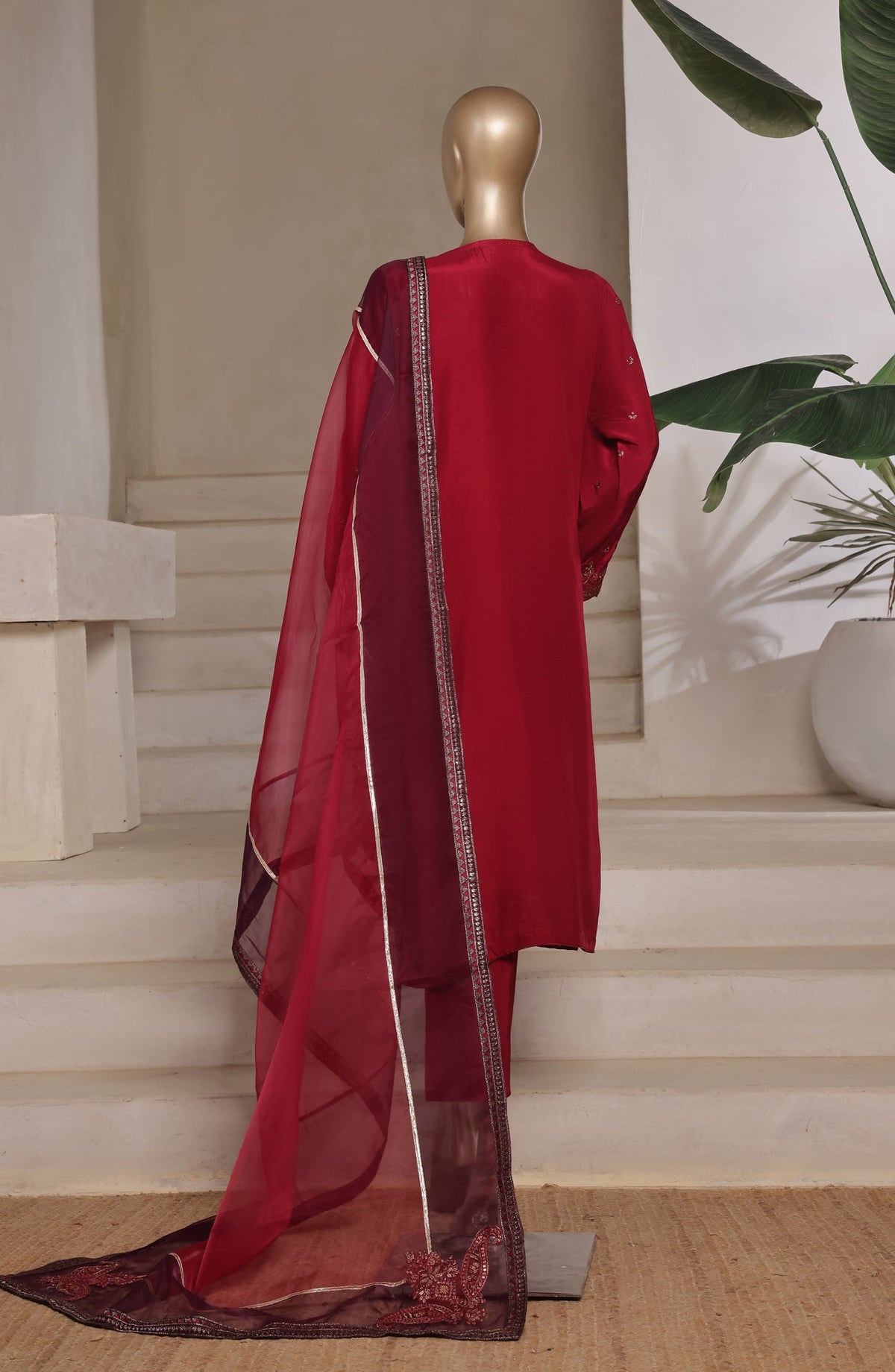 Khombi Luxury Embroidered Raw Silk Stitched 3 Piece Suit - 03 Delight - KHM26PRF - Maroon - Formal Collection