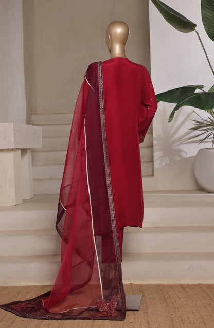 Khombi Luxury Embroidered Raw Silk Stitched 3 Piece Suit - 03 Delight - KHM26PRF - Maroon - Formal Collection