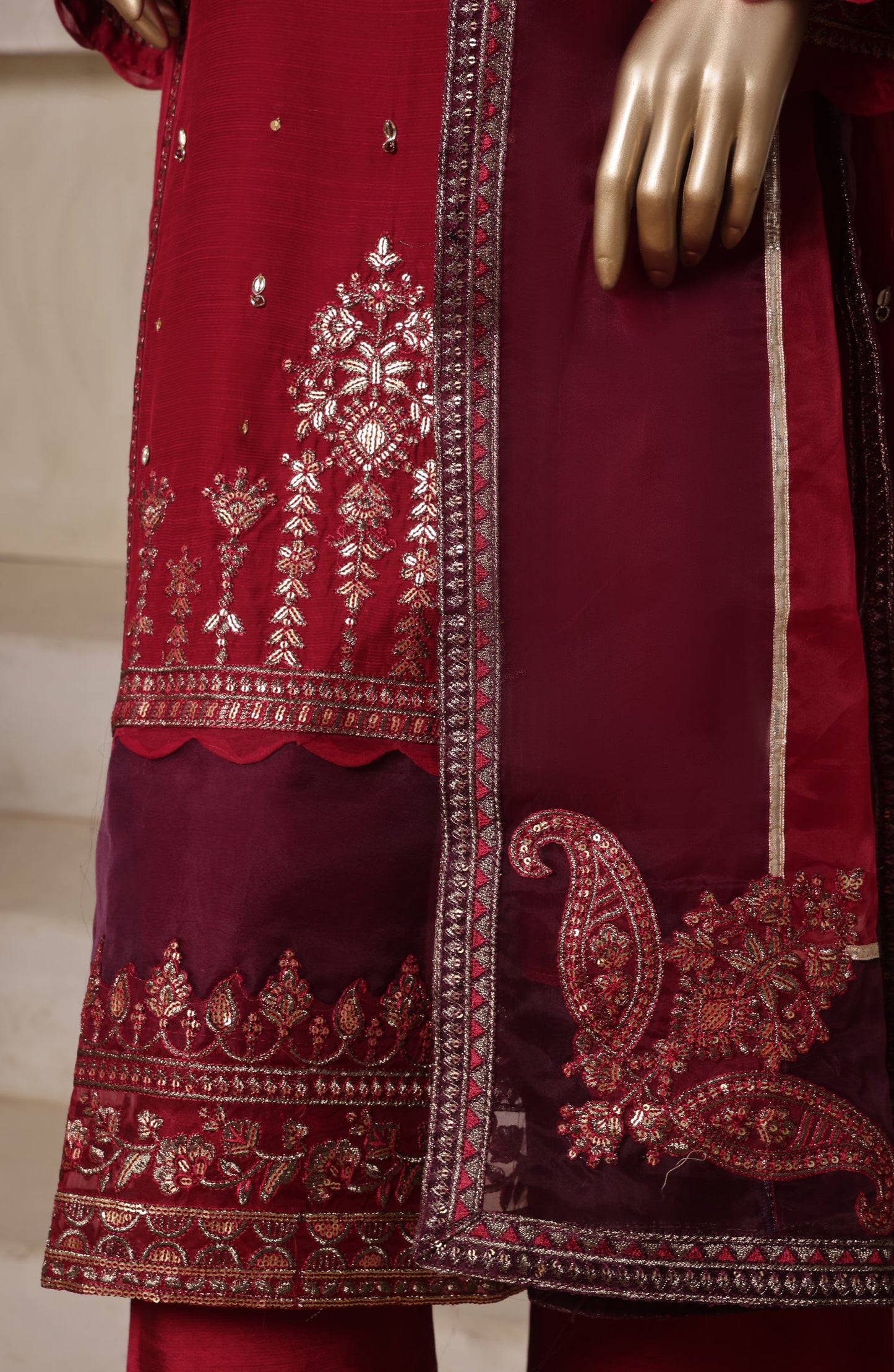 Khombi Luxury Embroidered Raw Silk Stitched 3 Piece Suit - 03 Delight - KHM26PRF - Maroon - Formal Collection