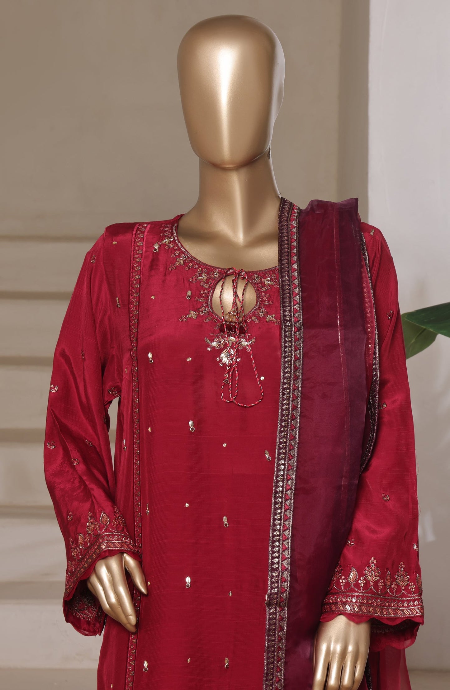 Khombi Luxury Embroidered Raw Silk Stitched 3 Piece Suit - 03 Delight - KHM26PRF - Maroon - Formal Collection