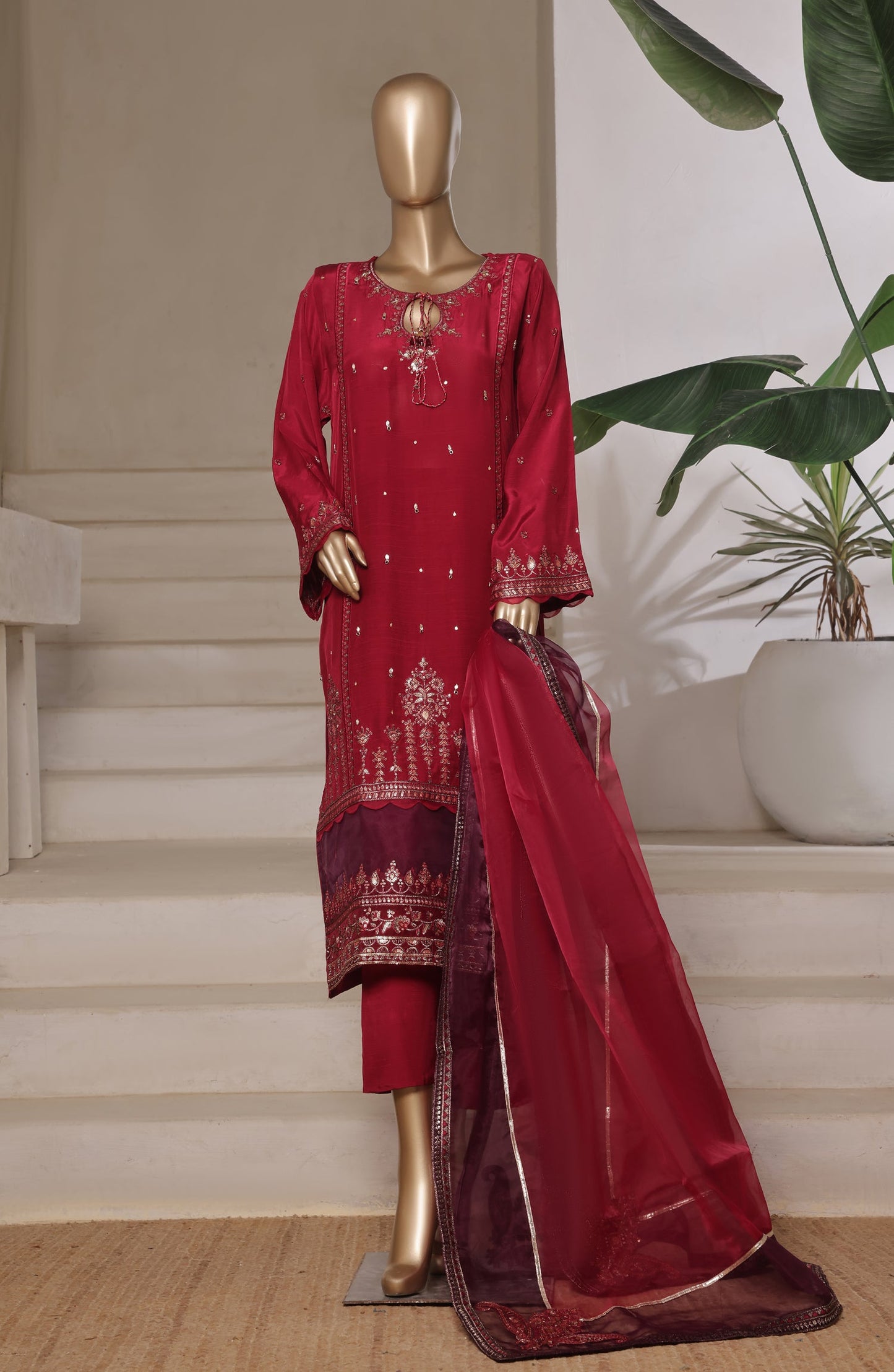 Khombi Luxury Embroidered Raw Silk Stitched 3 Piece Suit - 03 Delight - KHM26PRF - Maroon - Formal Collection