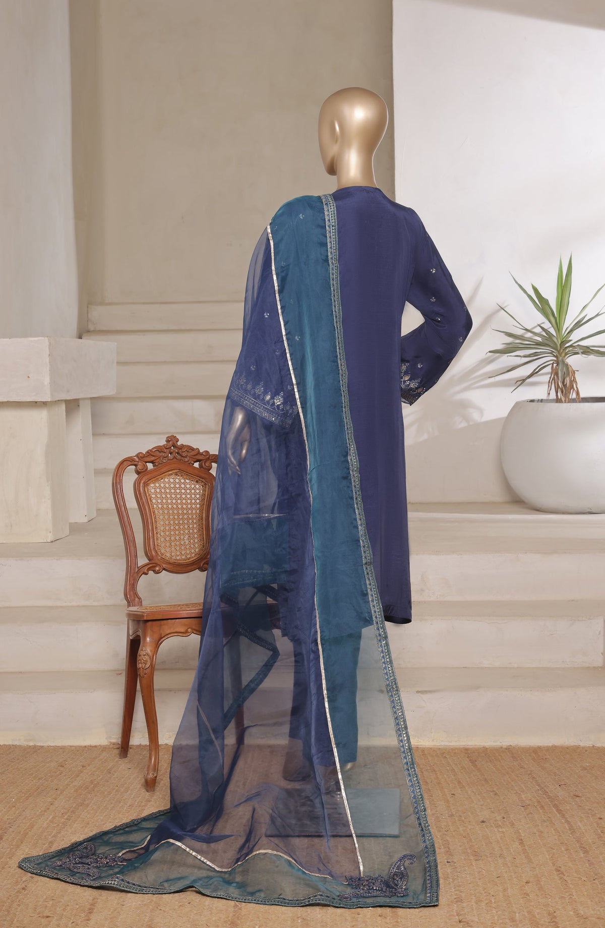 Khombi Luxury Embroidered Raw Silk Stitched 3 Piece Suit - 02 Delight - KHM26PRF - Blue - Formal Collection